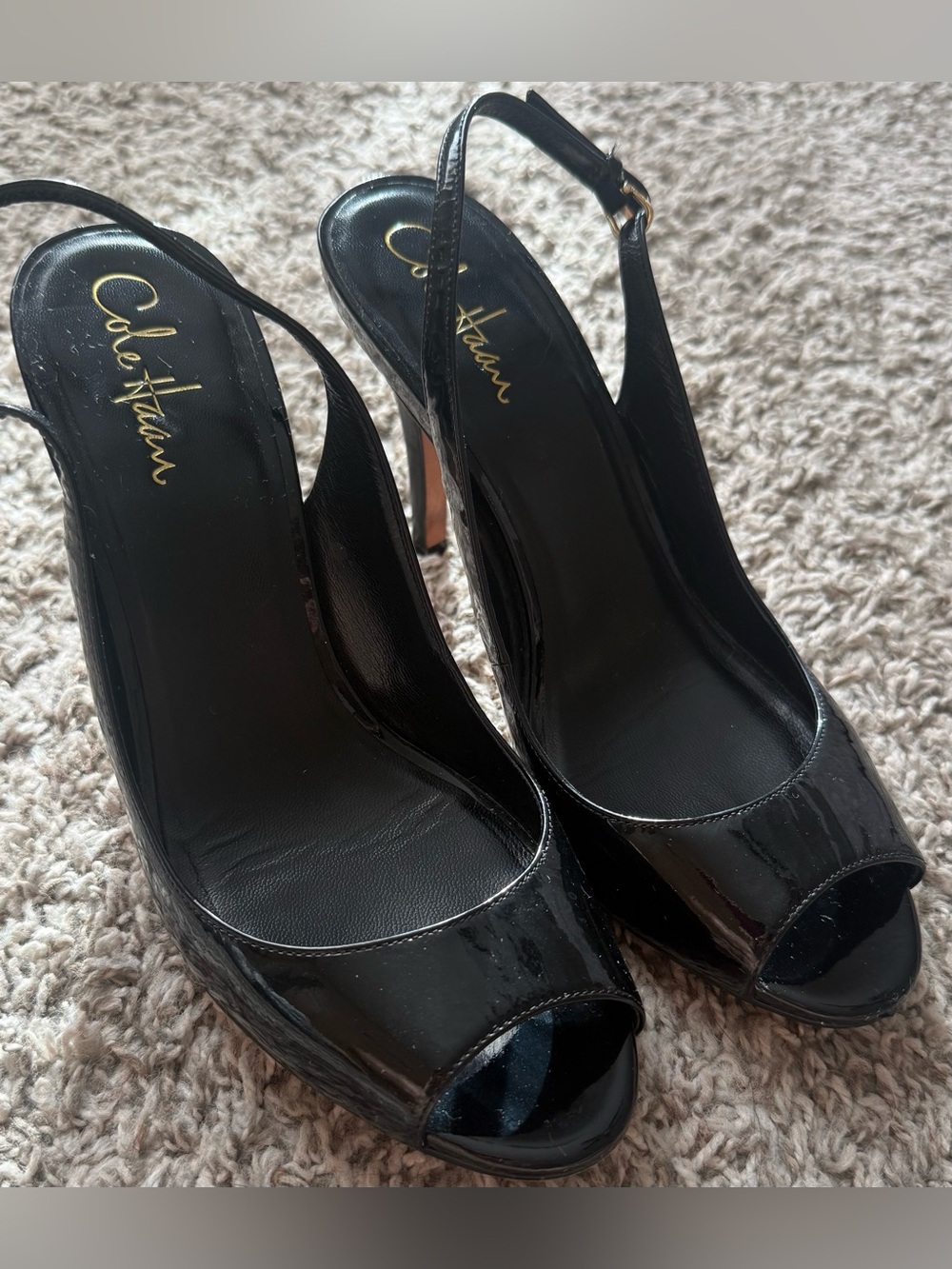 Womens Cole Haan Black Patent Leather Peep Toe Slingback Heels